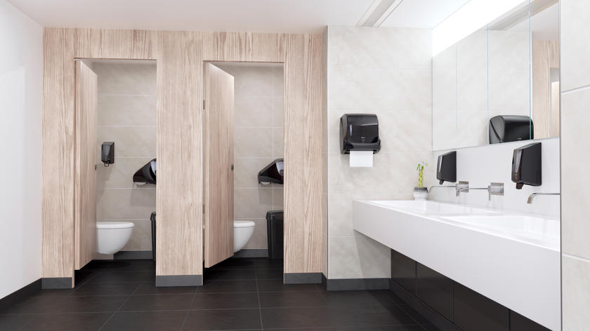 Toalett inredd med Phoenix tvåldispenser, handduksautomat, toalettpappershållare och sanitetsbehållare